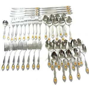 50-Pc Customcraft Stainless Flatware Set Floral Inlay Vintage Taiwan